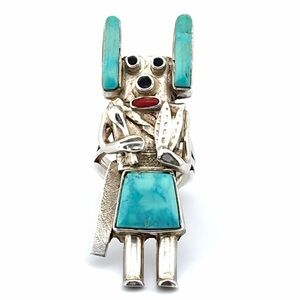 Vintage Native American Kachina Ring Turquoise & Coral Sterling UNISEX
